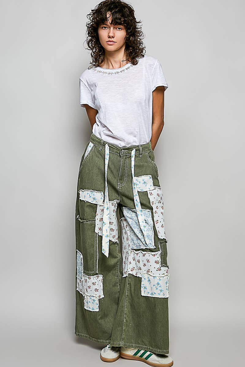 Patchwork Detail Denim Straight Fit Pants