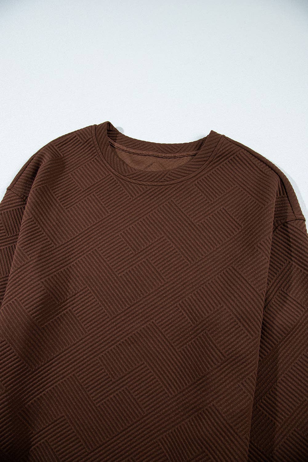 Textured Round Neck Drop Shoulder Pullover Sweatshirt - 97%Polyester+3%Elastane