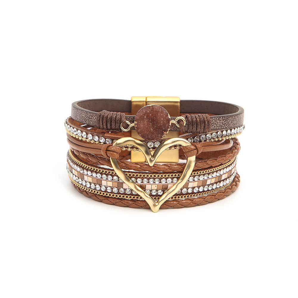 Boho Layered Heart Charm Rhinestone Magnetic Bracelet: Beige / Alloy / ONE SIZE