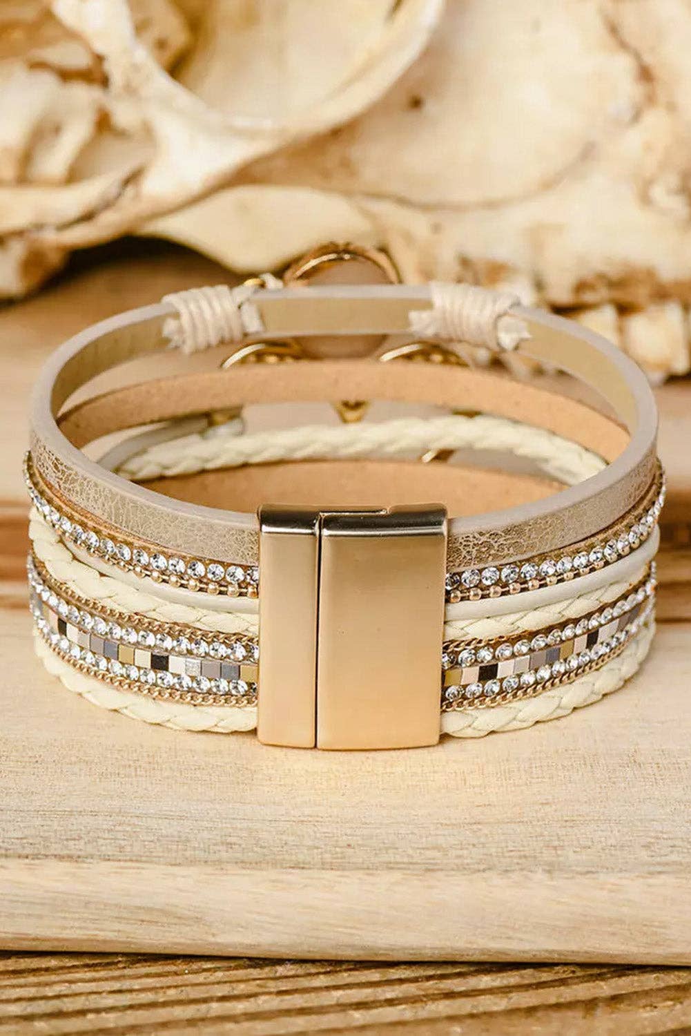 Boho Layered Heart Charm Rhinestone Magnetic Bracelet: Beige / Alloy / ONE SIZE