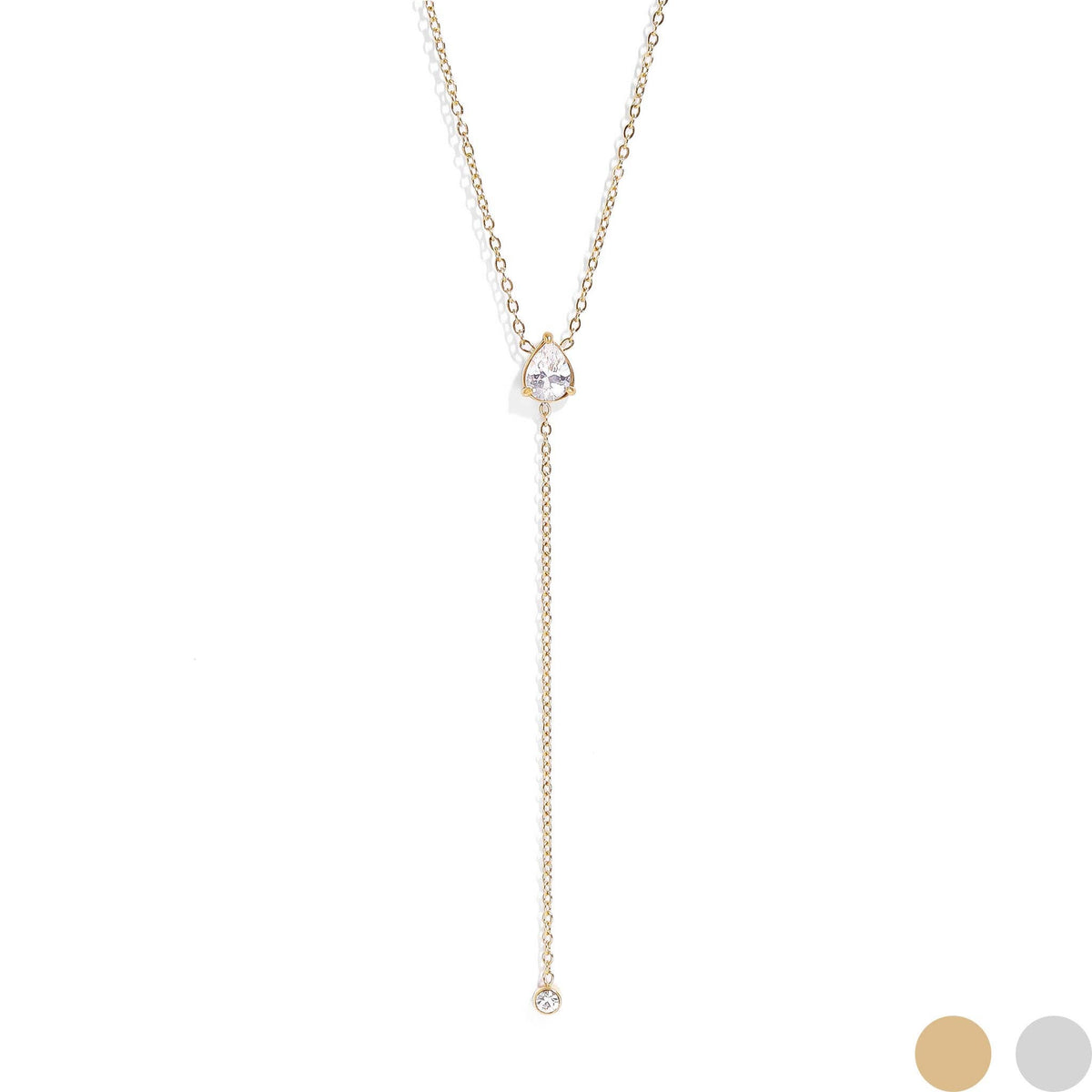 18K Gold PVD Stainless Steel Teardrop CZ Lariat Necklace: Stainless