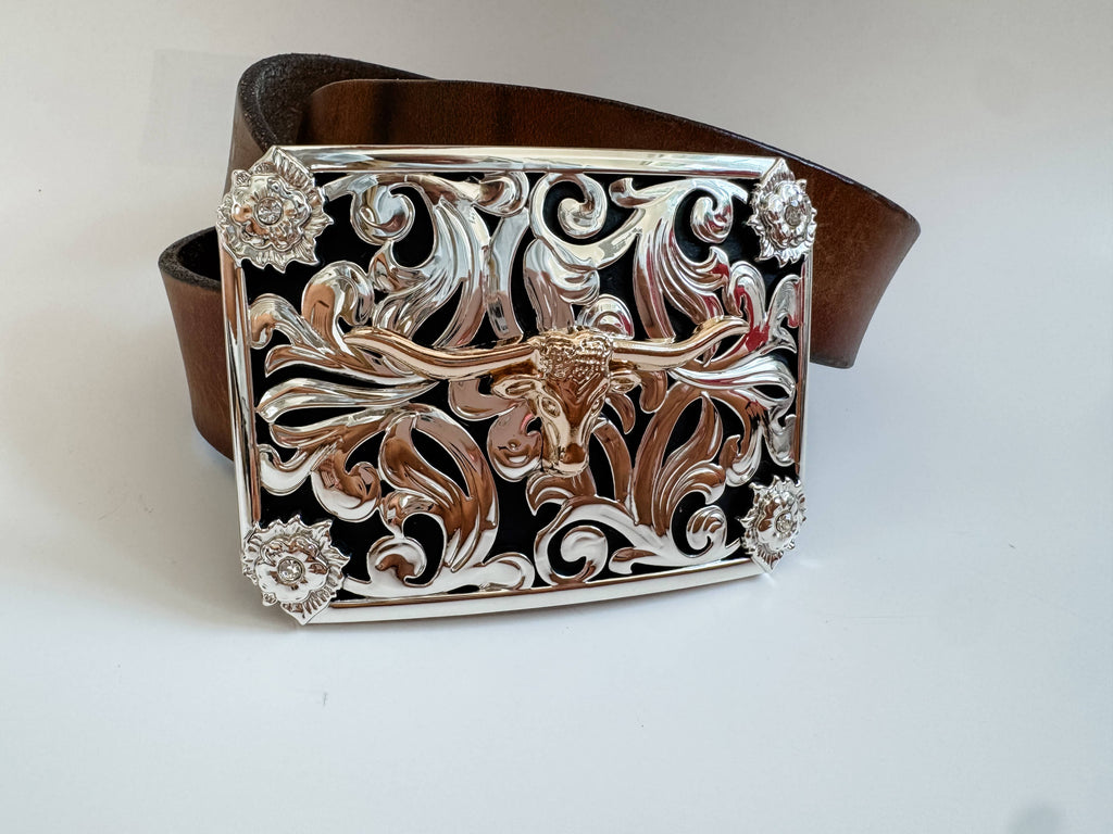 Western Longhorn Steer Metal Belt Buckle: 1