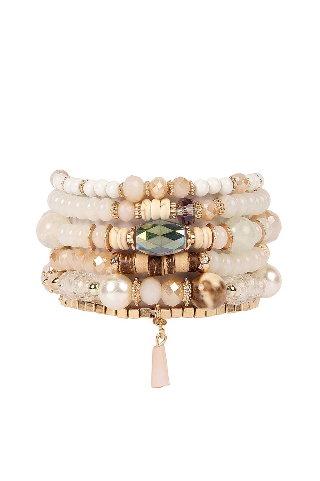 Multistrand beaded bracelet with gold accents and a central gemstone on a white background