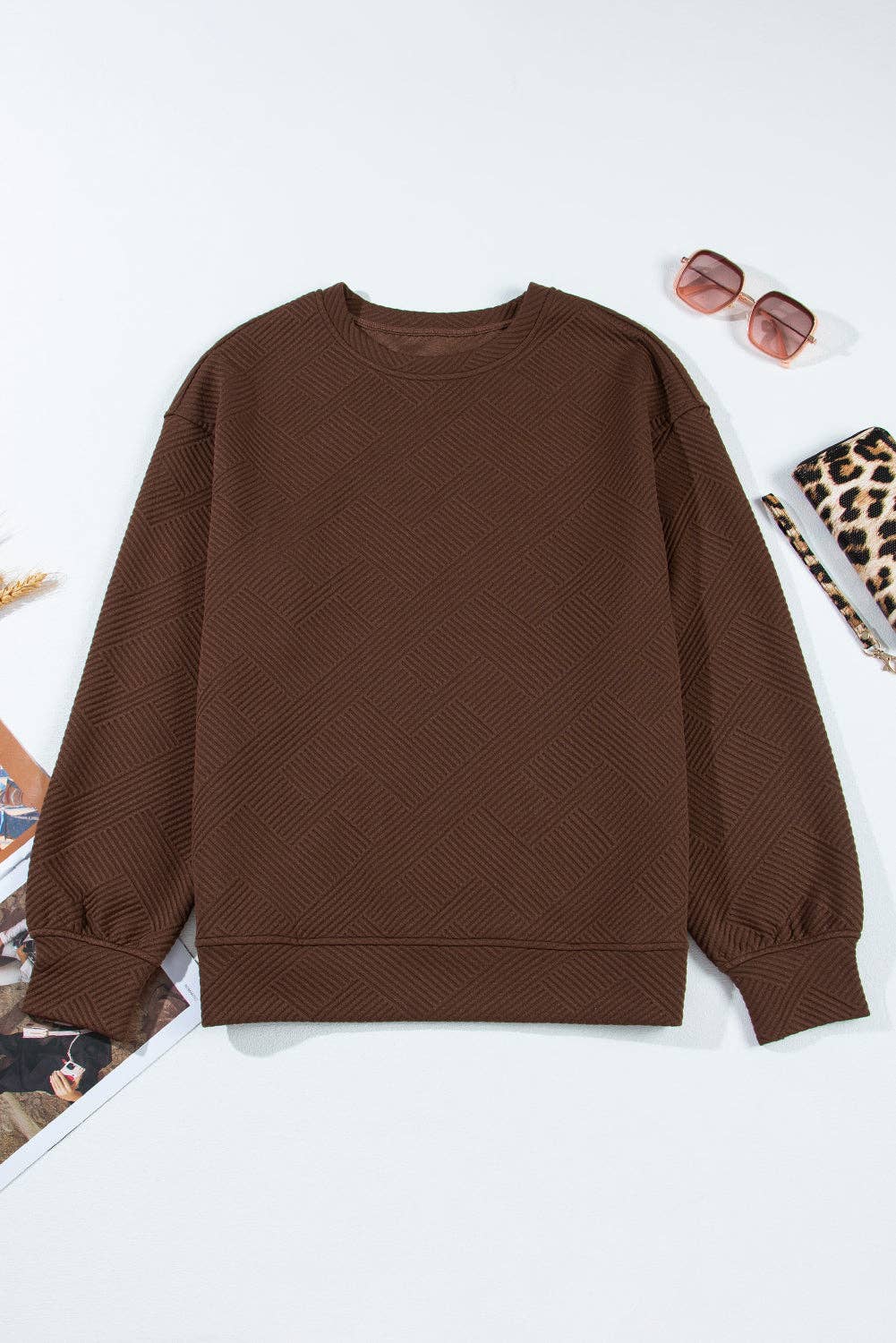 Textured Round Neck Drop Shoulder Pullover Sweatshirt - 97%Polyester+3%Elastane