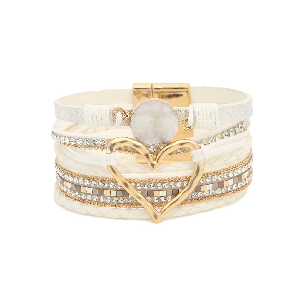 Boho Layered Heart Charm Rhinestone Magnetic Bracelet: Beige / Alloy / ONE SIZE