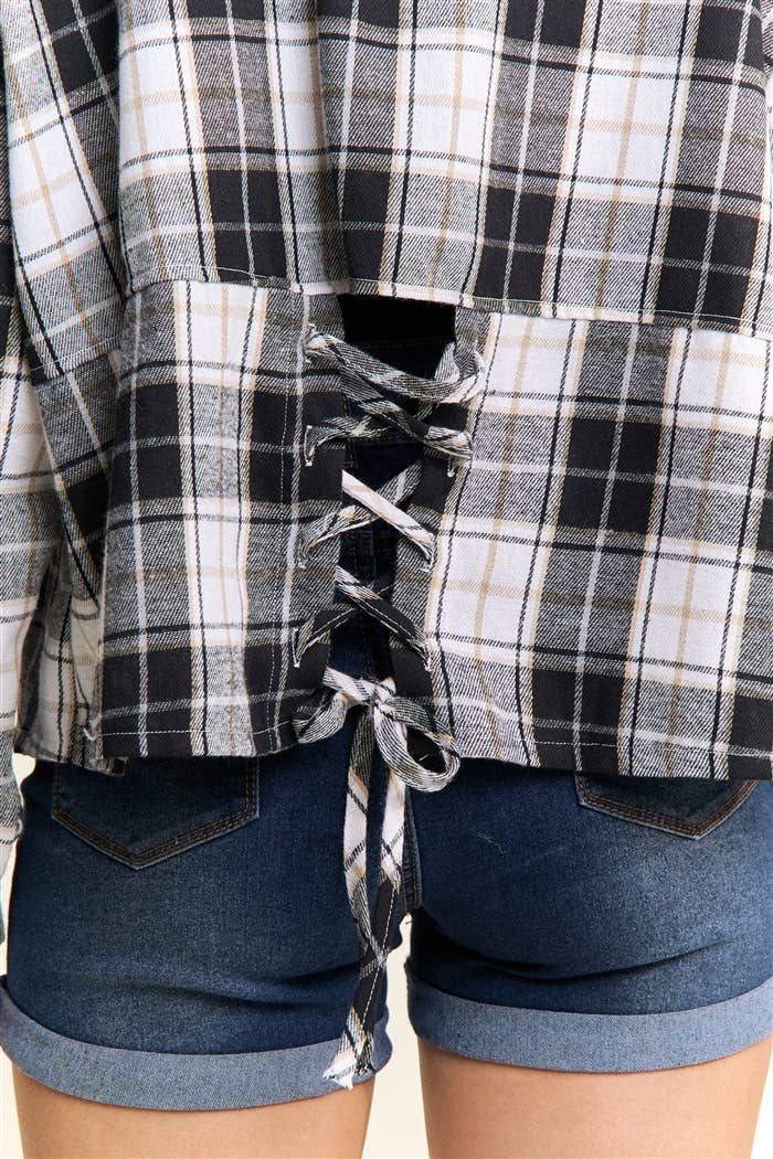 CROPPED PLAID LACE UP BACK SHIRT - CET4243: DENIM  BLUE / S-M-L(2-2-2)