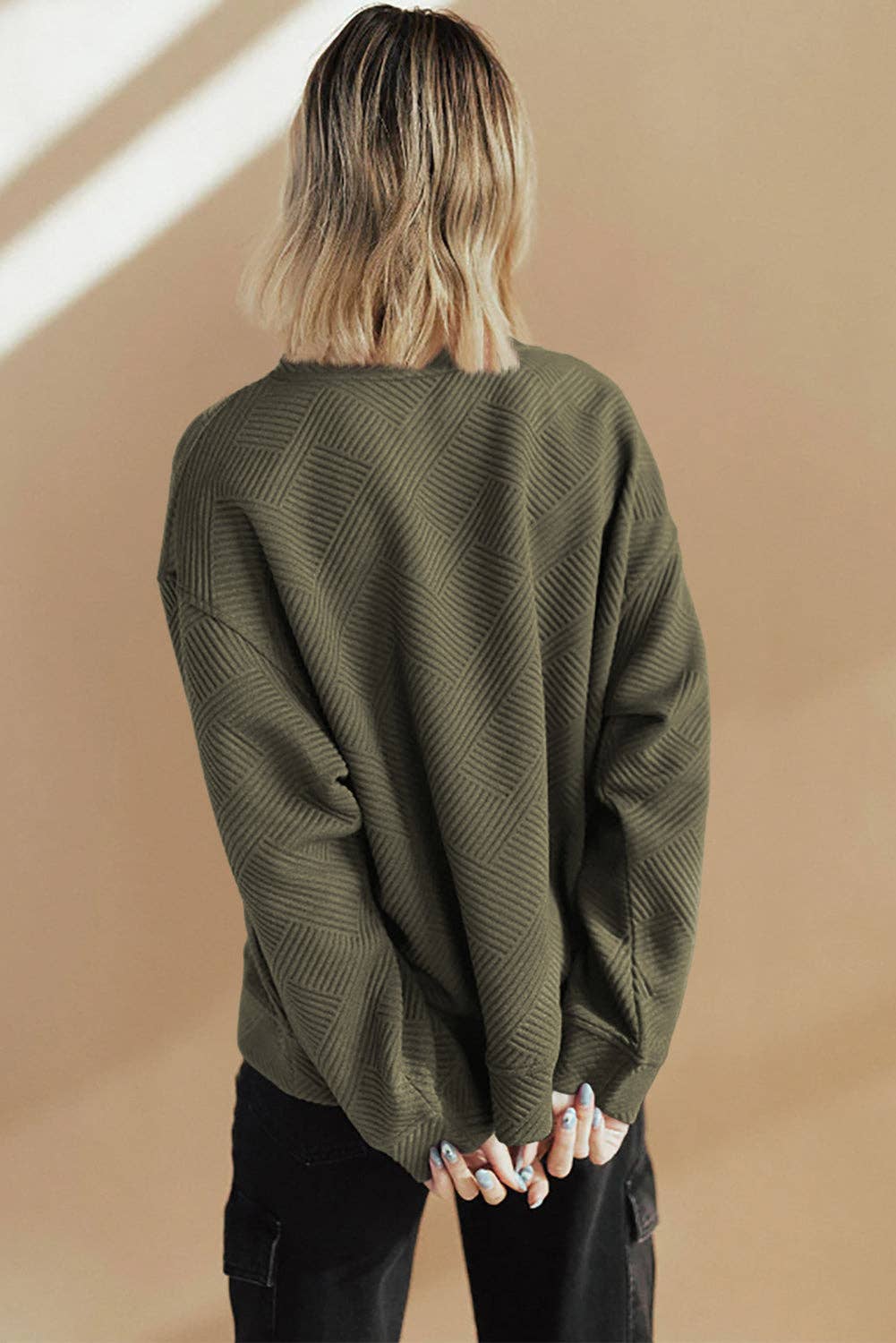 Textured Round Neck Drop Shoulder Pullover Sweatshirt - 97%Polyester+3%Elastane