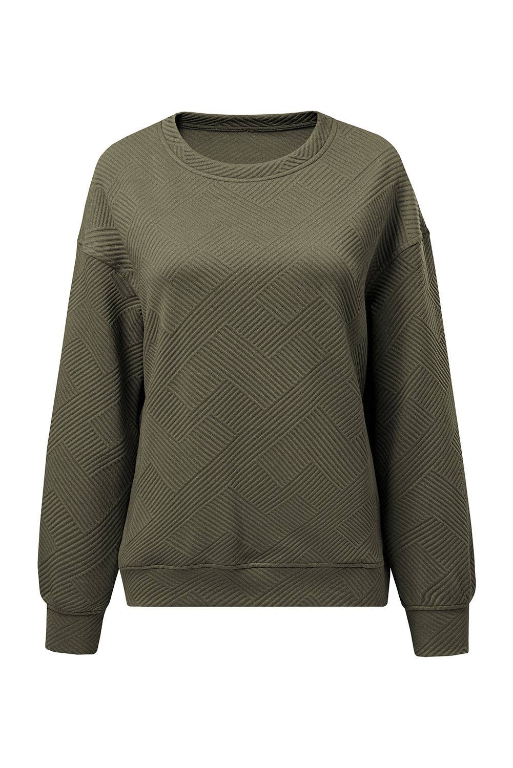 Textured Round Neck Drop Shoulder Pullover Sweatshirt - 97%Polyester+3%Elastane
