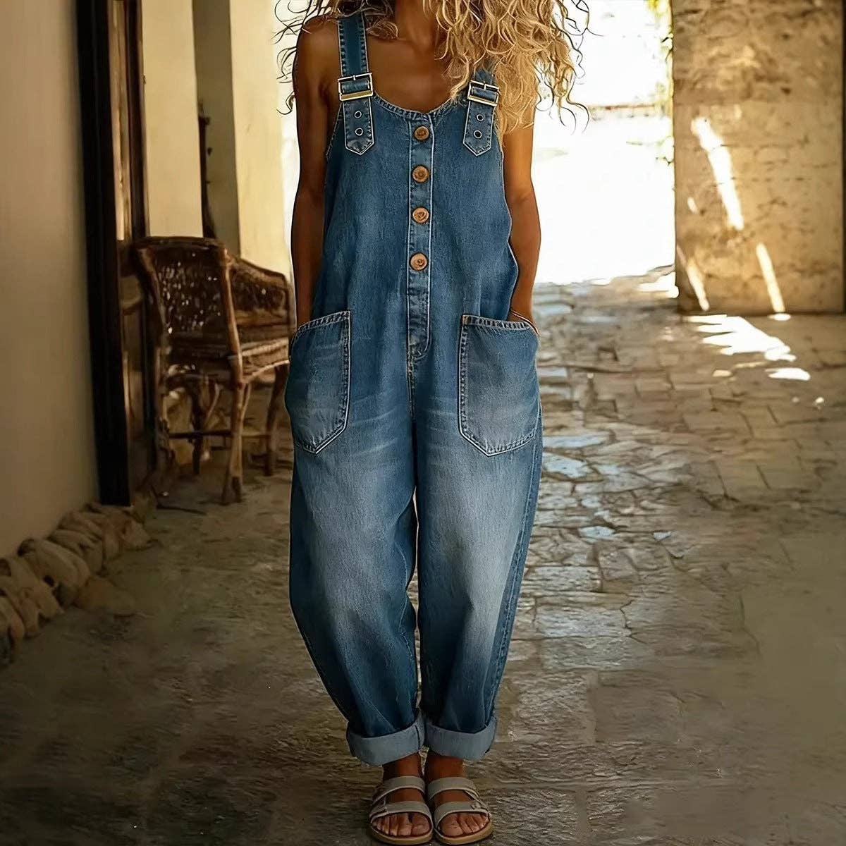 Women's Washed Denim Overalls Adjustable Strap Jumpsuit 70%Cotton+30%Polyester