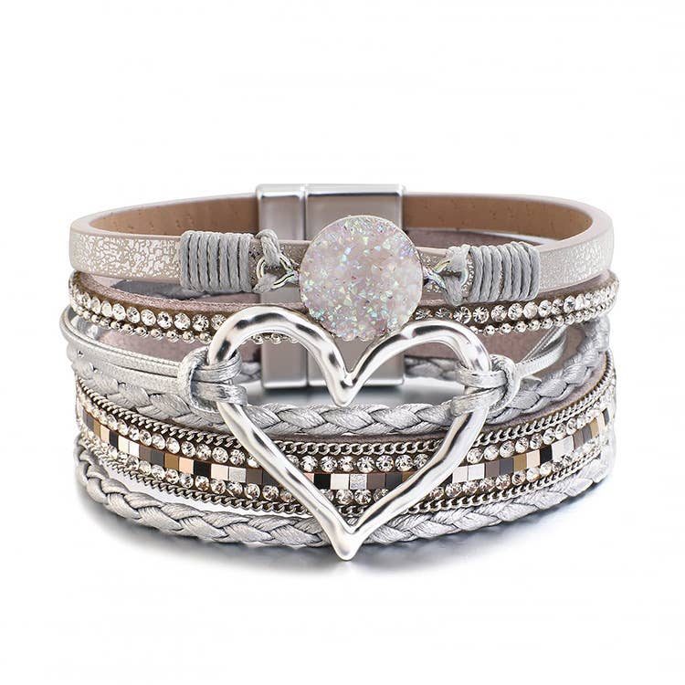 Boho Layered Heart Charm Rhinestone Magnetic Bracelet: Beige / Alloy / ONE SIZE