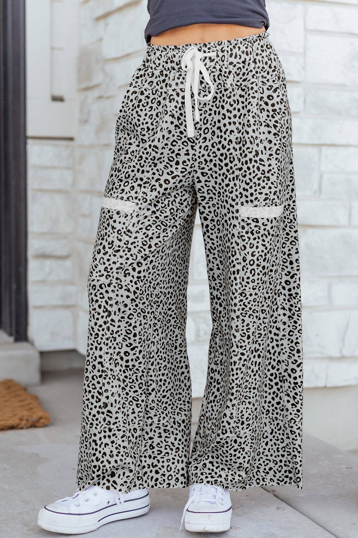Animal Print Wide Leg Terry Knit Pants - 95% Polyester+5% Elastane
