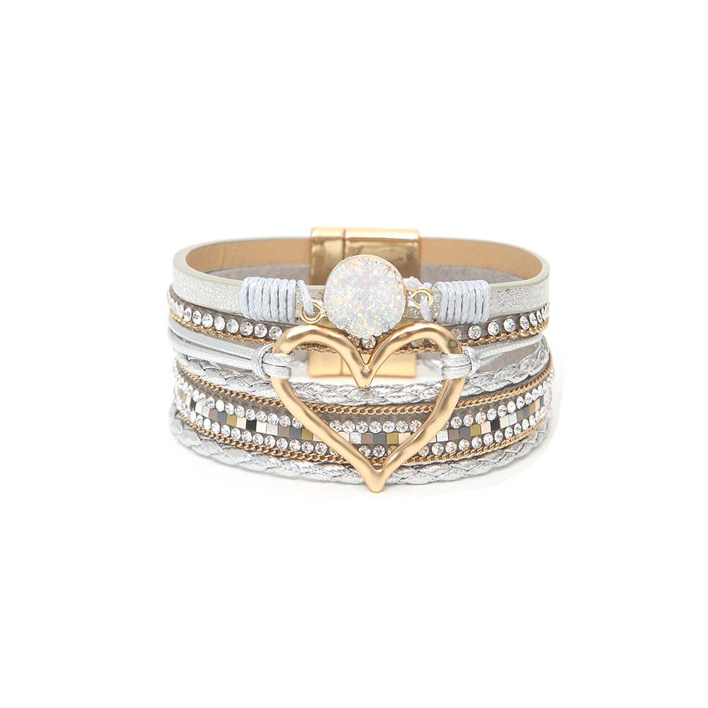 Boho Layered Heart Charm Rhinestone Magnetic Bracelet: Beige / Alloy / ONE SIZE