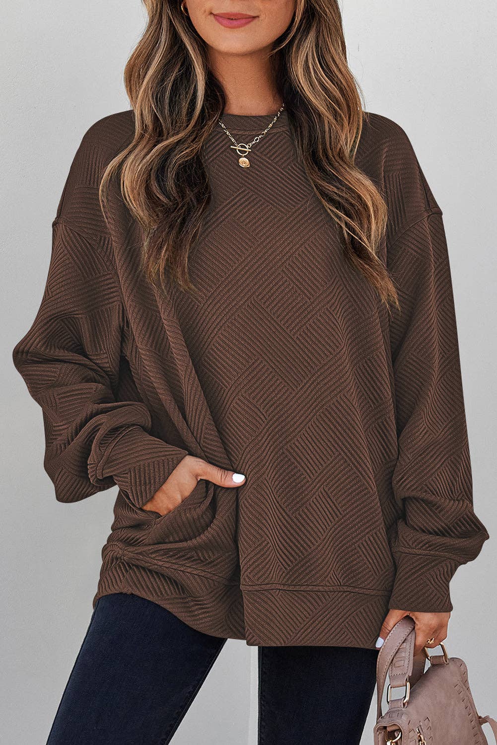 Textured Round Neck Drop Shoulder Pullover Sweatshirt - 97%Polyester+3%Elastane