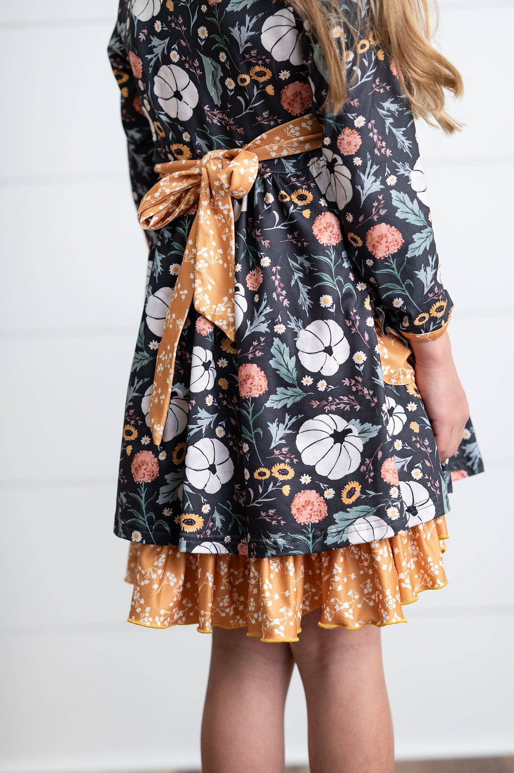 Girls Pumpkin Ruffle Pocket Button Tie Fall Dress