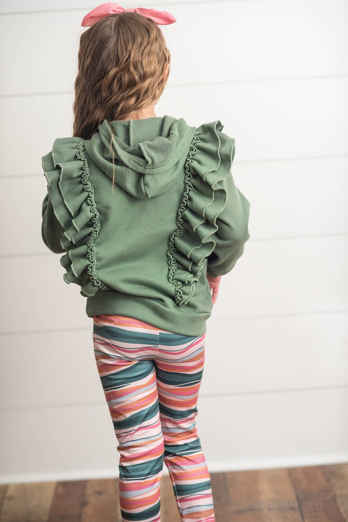 Kids Double Ruffle Button Hoodie & Stripe Leggings Set