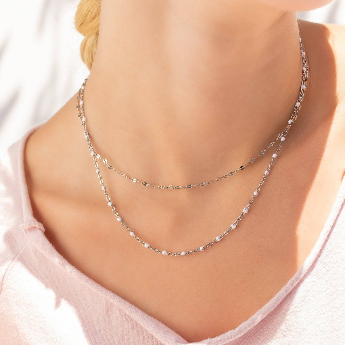 18K Gold PVD Stainless Steel White Confetti Chain Necklace: Stainless / 16+2"