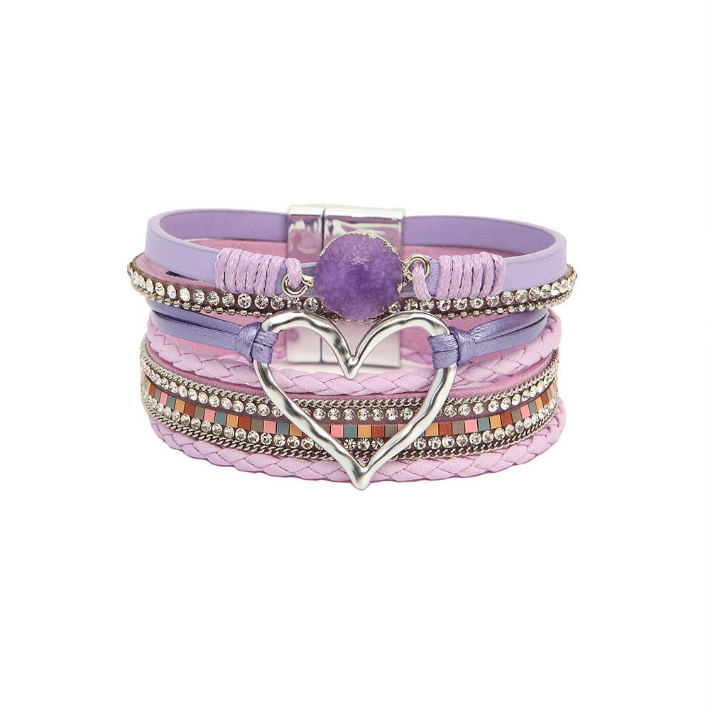 Boho Layered Heart Charm Rhinestone Magnetic Bracelet: Beige / Alloy / ONE SIZE