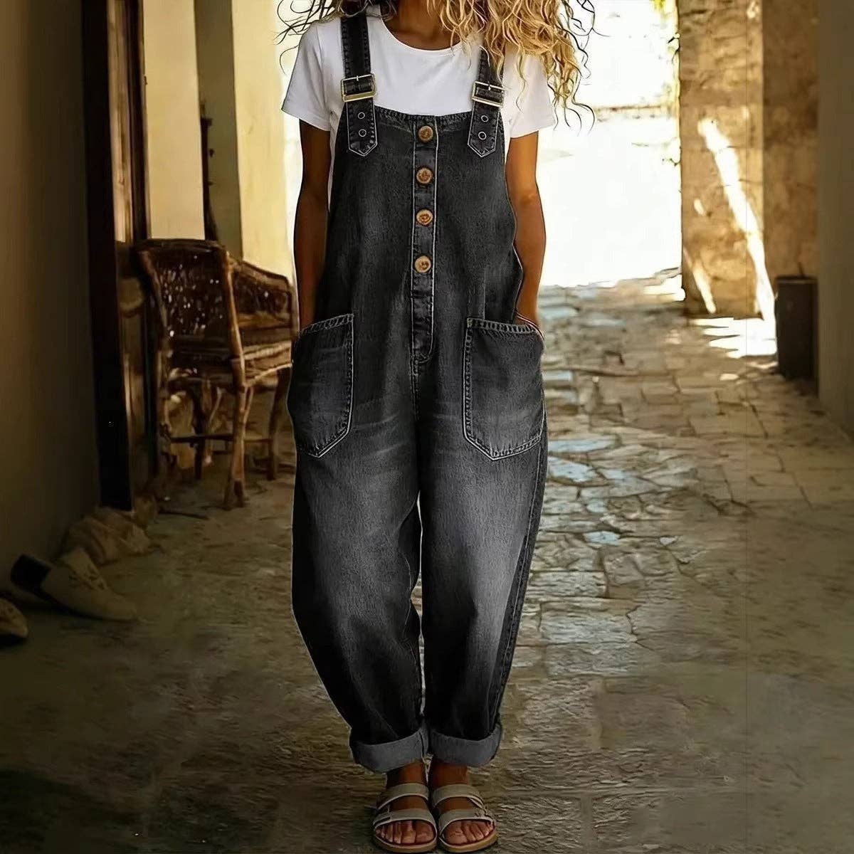 Women's Washed Denim Overalls Adjustable Strap Jumpsuit 70%Cotton+30%Polyester