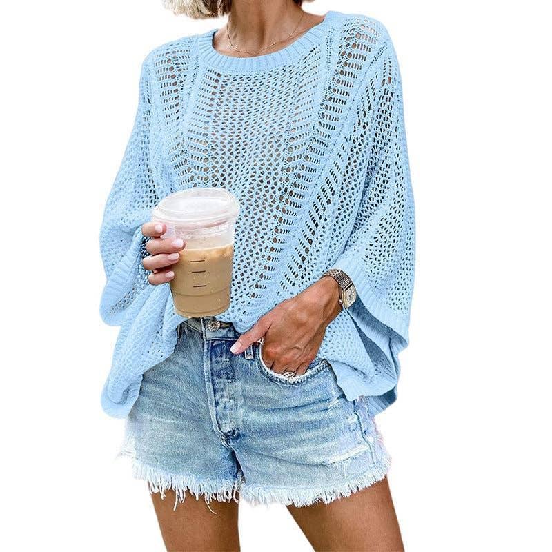 Ladies Bat Sleeves Hollow Out Knit Blouse