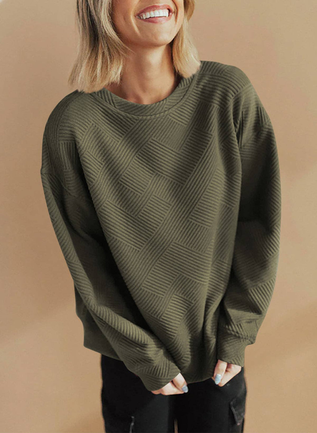 Textured Round Neck Drop Shoulder Pullover Sweatshirt - 97%Polyester+3%Elastane
