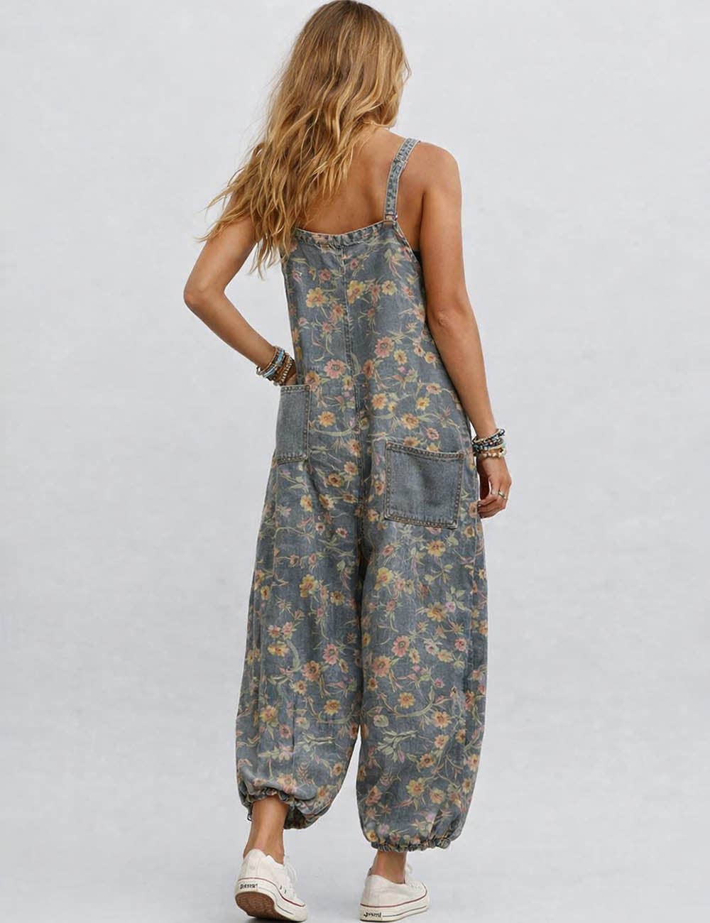Ladies Boho Hippies Floral Sleeveless Baggy Harem Jumpsuit