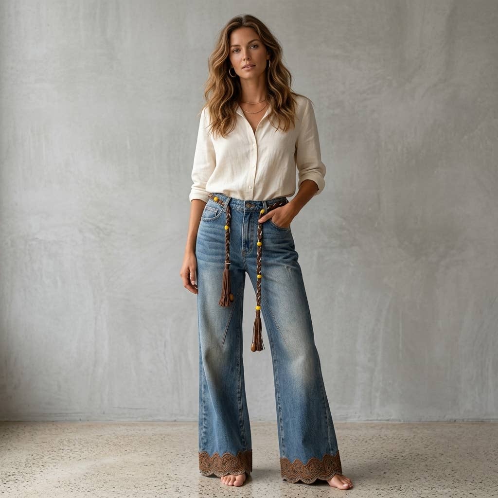 Women's Vintage Washed High-Waist Embroidered Flare Jeans