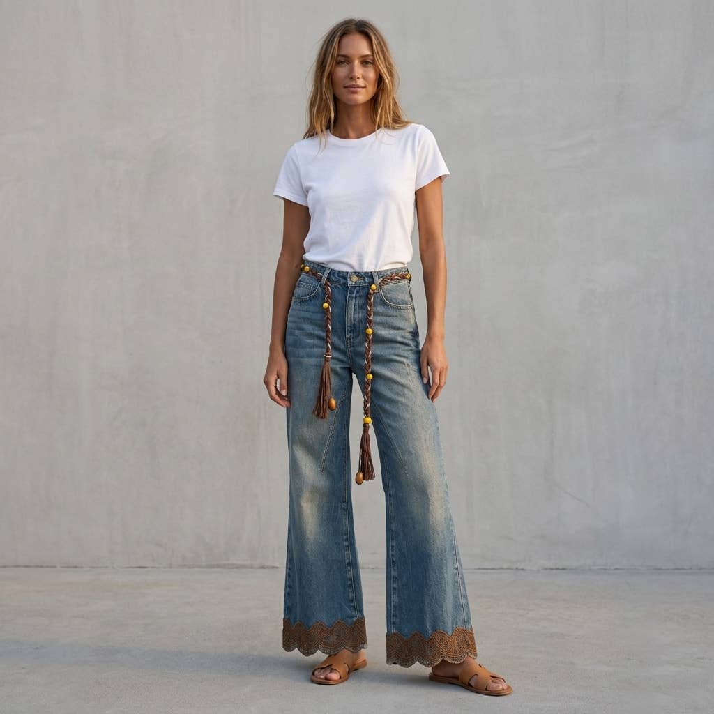 Women's Vintage Washed High-Waist Embroidered Flare Jeans