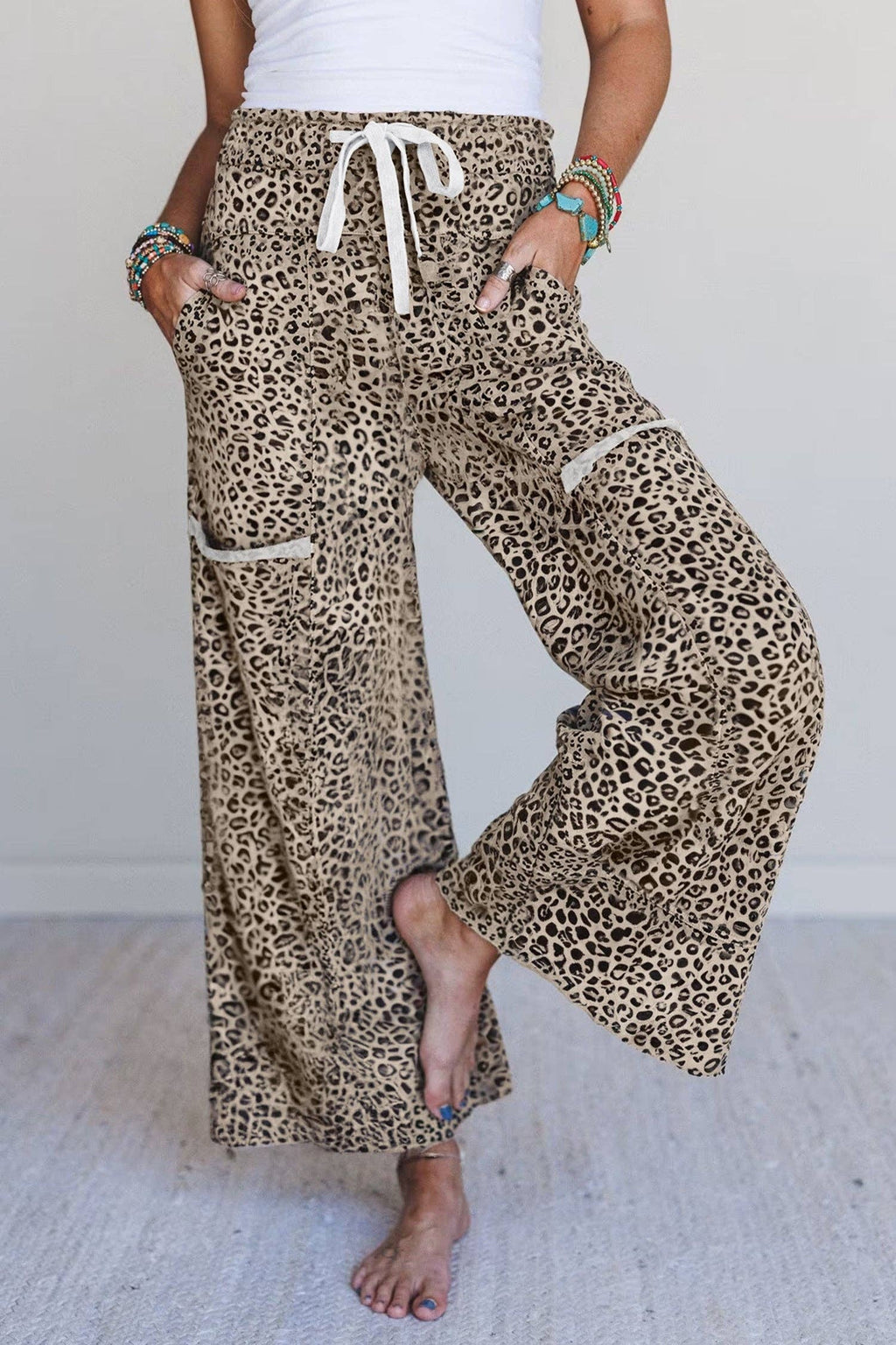 Animal Print Wide Leg Terry Knit Pants - 95% Polyester+5% Elastane