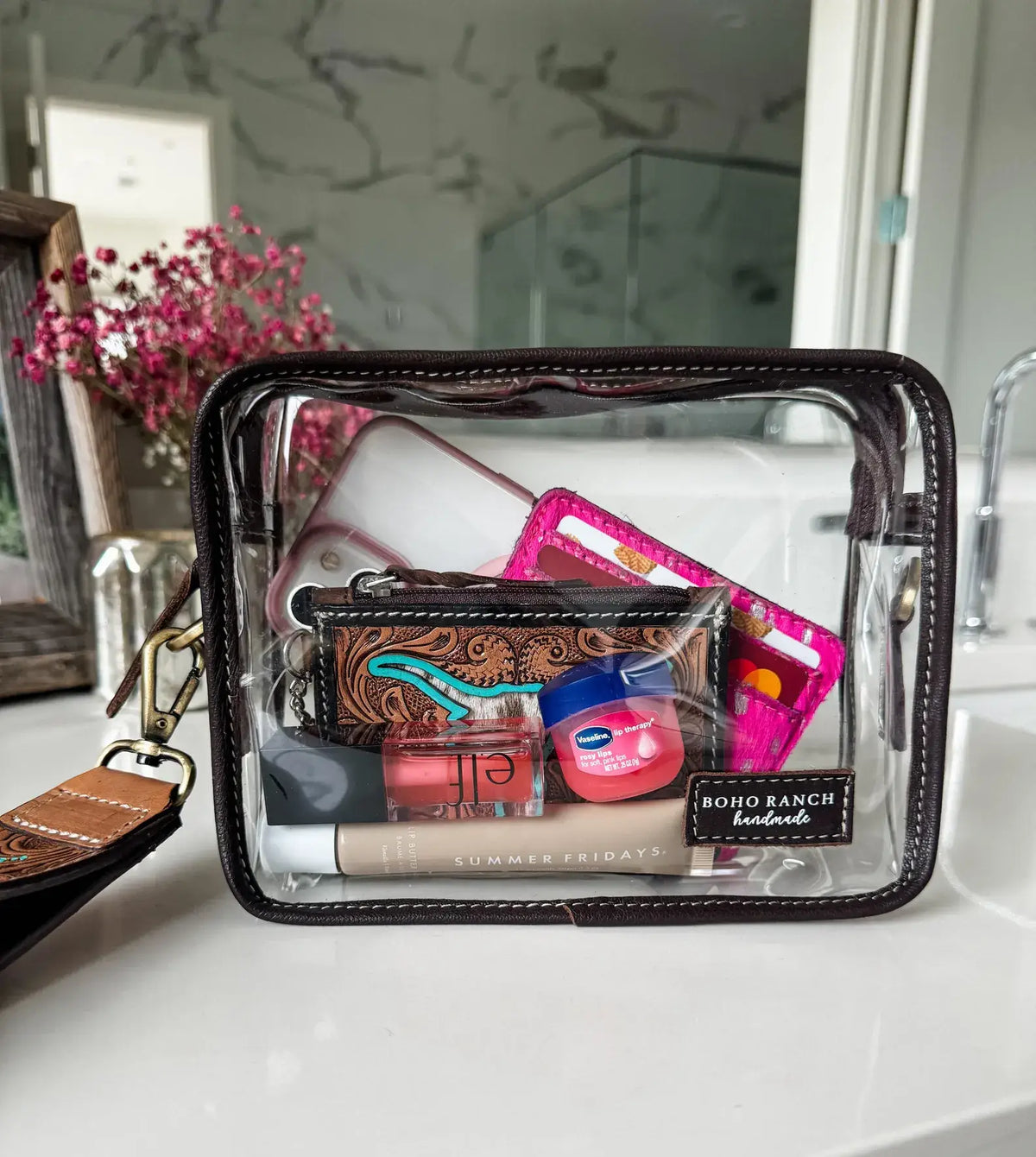 DARLA CLEAR WRISTLET | transparent western purse - game day : TAN