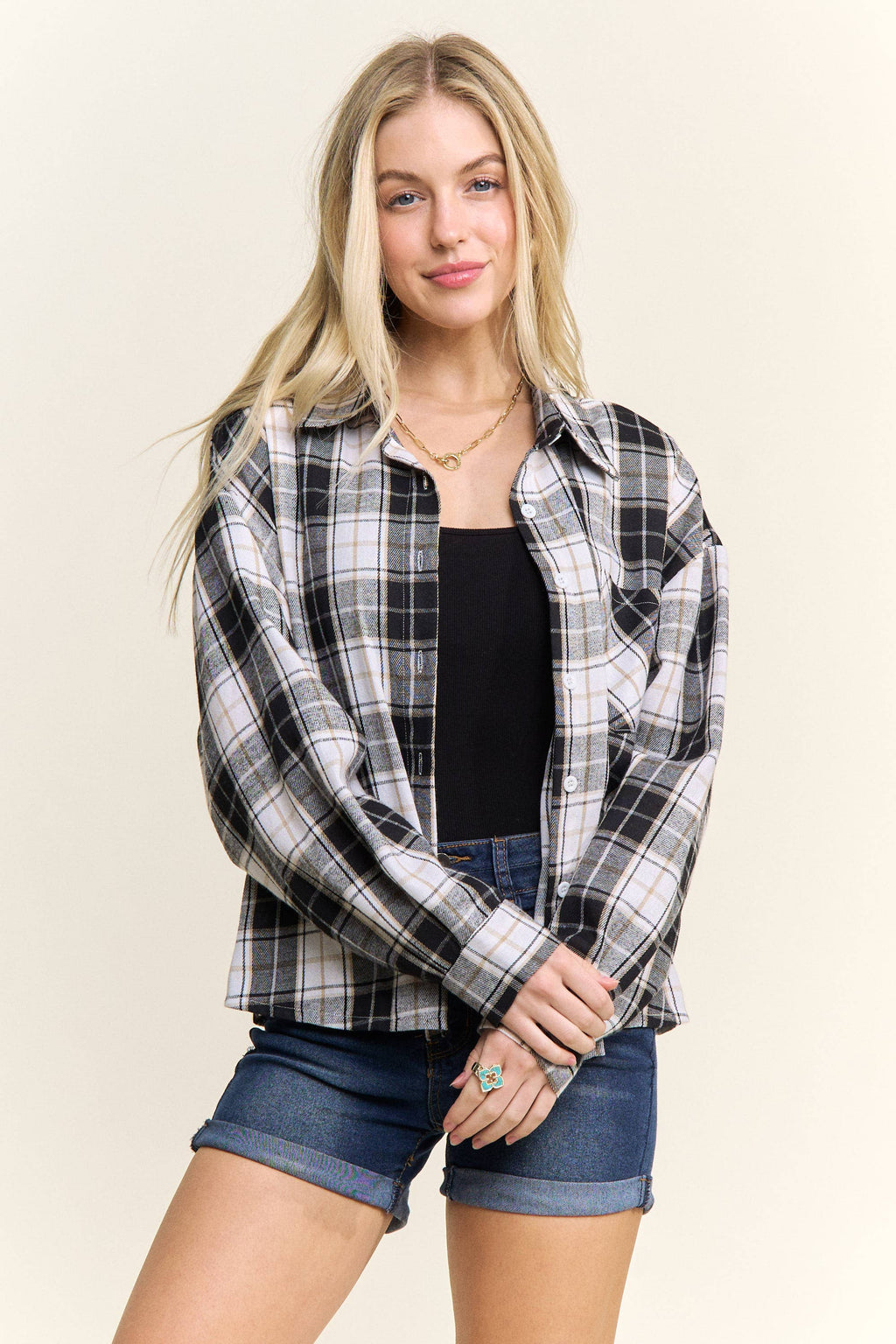 CROPPED PLAID LACE UP BACK SHIRT - CET4243: DENIM  BLUE / S-M-L(2-2-2)