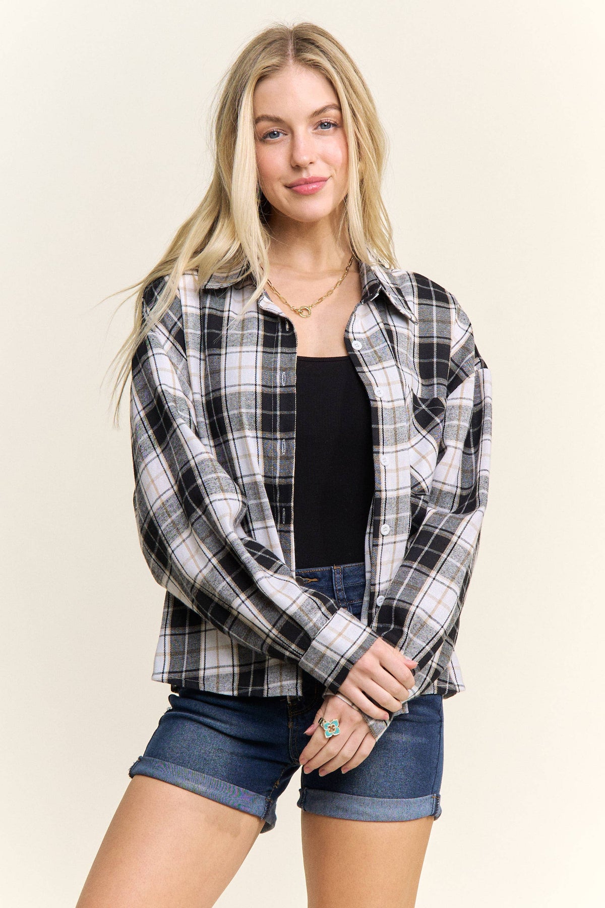 CROPPED PLAID LACE UP BACK SHIRT - CET4243: DENIM  BLUE / S-M-L(2-2-2)