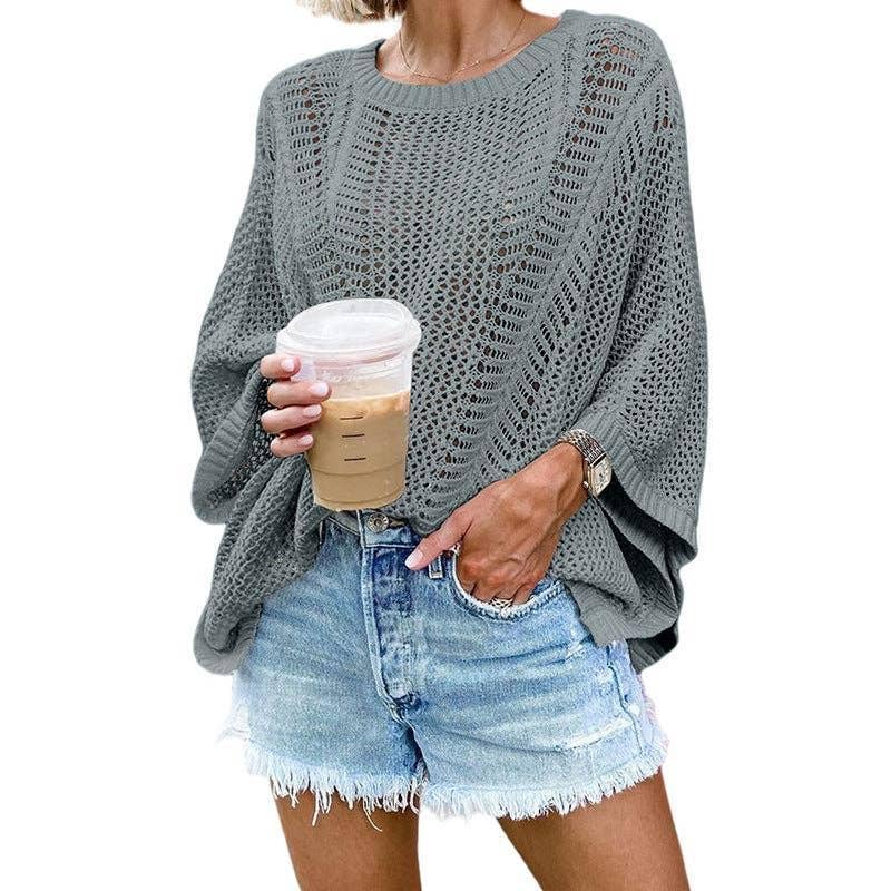 Ladies Bat Sleeves Hollow Out Knit Blouse