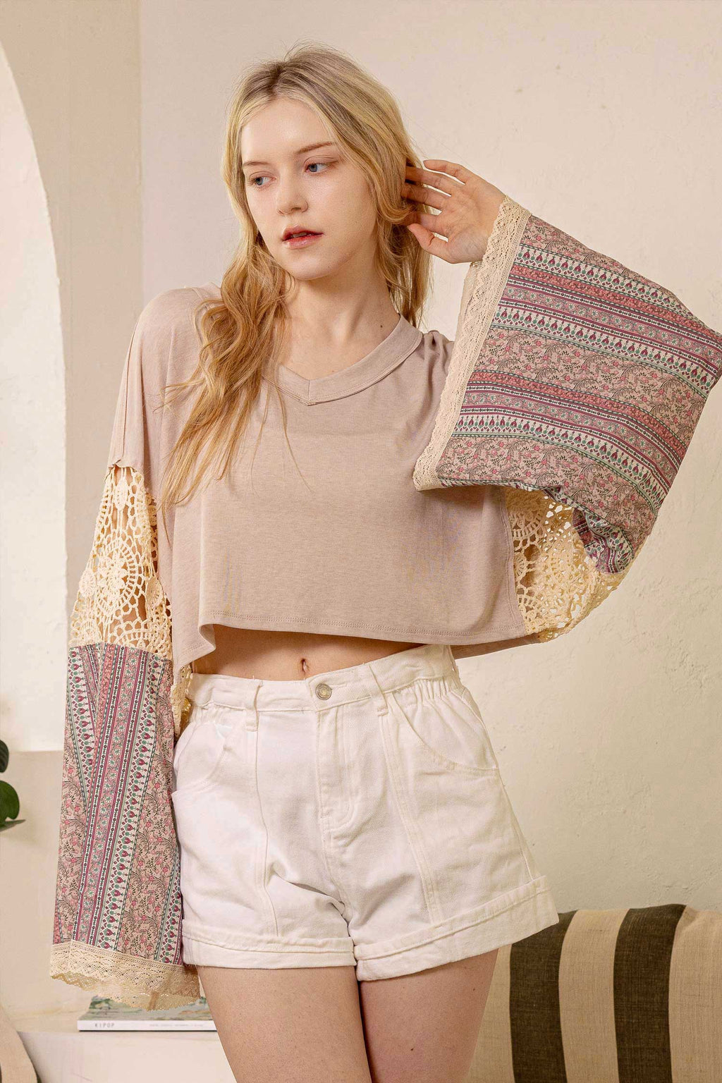 Lace and Patchwork Bell-Sleeve Crop Top