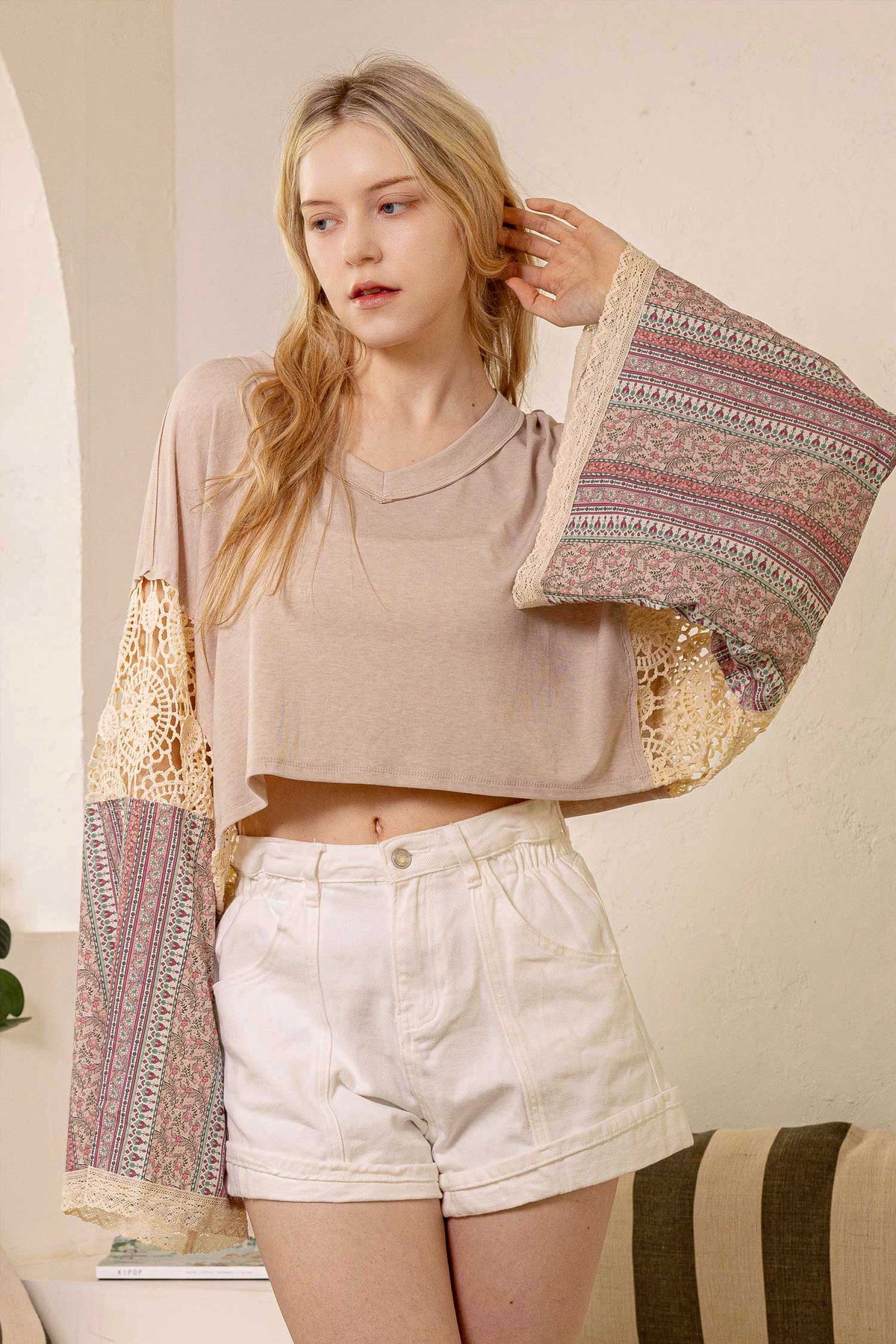 Lace and Patchwork Bell-Sleeve Crop Top
