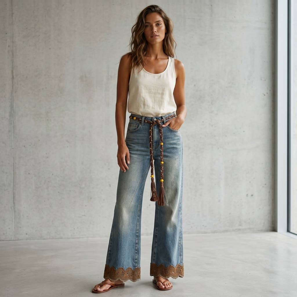 Women's Vintage Washed High-Waist Embroidered Flare Jeans