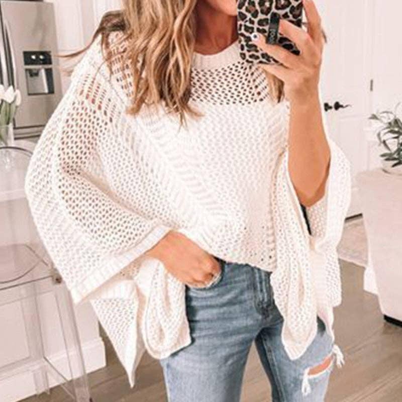 Ladies Bat Sleeves Hollow Out Knit Blouse