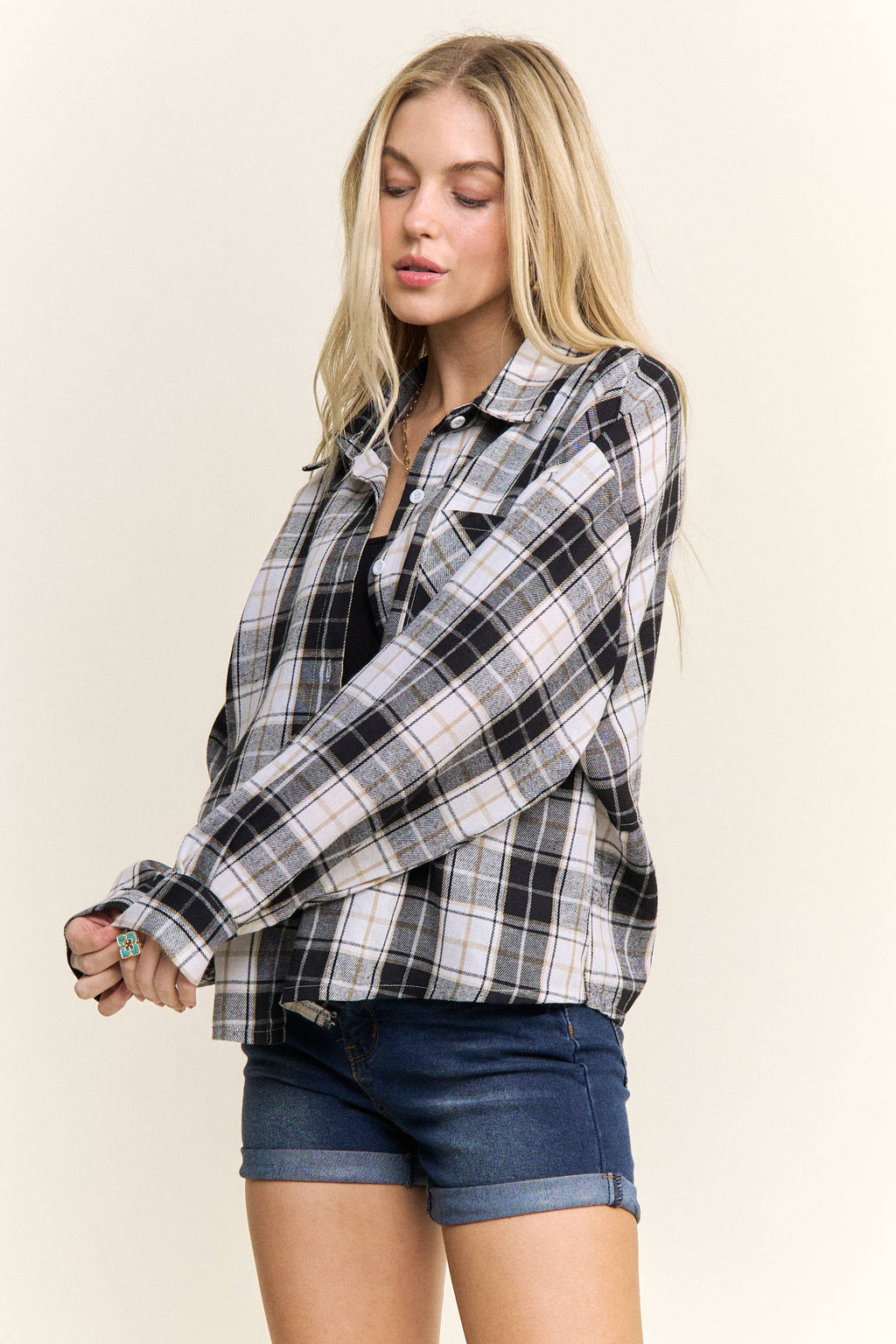 CROPPED PLAID LACE UP BACK SHIRT - CET4243: DENIM  BLUE / S-M-L(2-2-2)