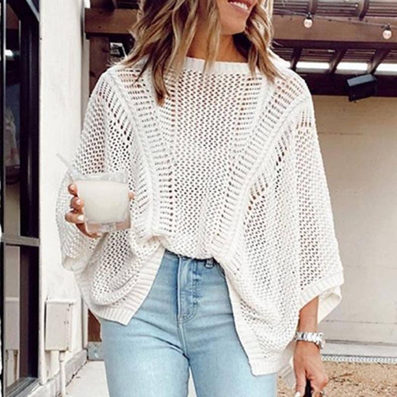Ladies Bat Sleeves Hollow Out Knit Blouse