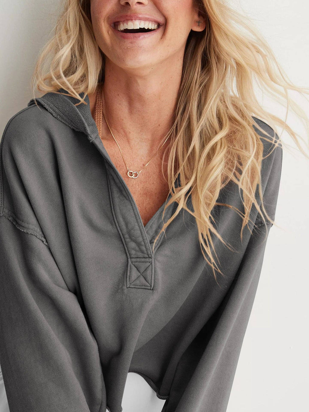 Oversized Hooded V Neck Sweatshirt Pullover Top