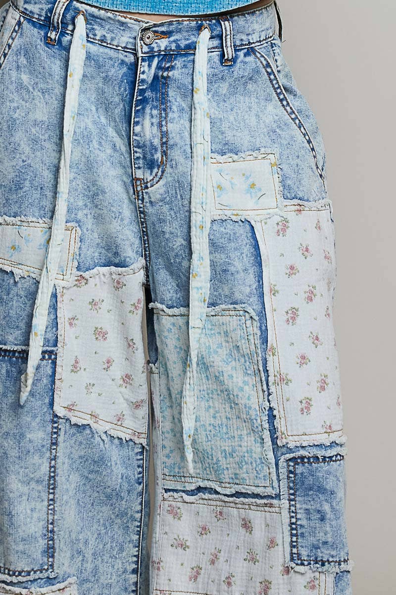 Patchwork Detail Denim Straight Fit Pants