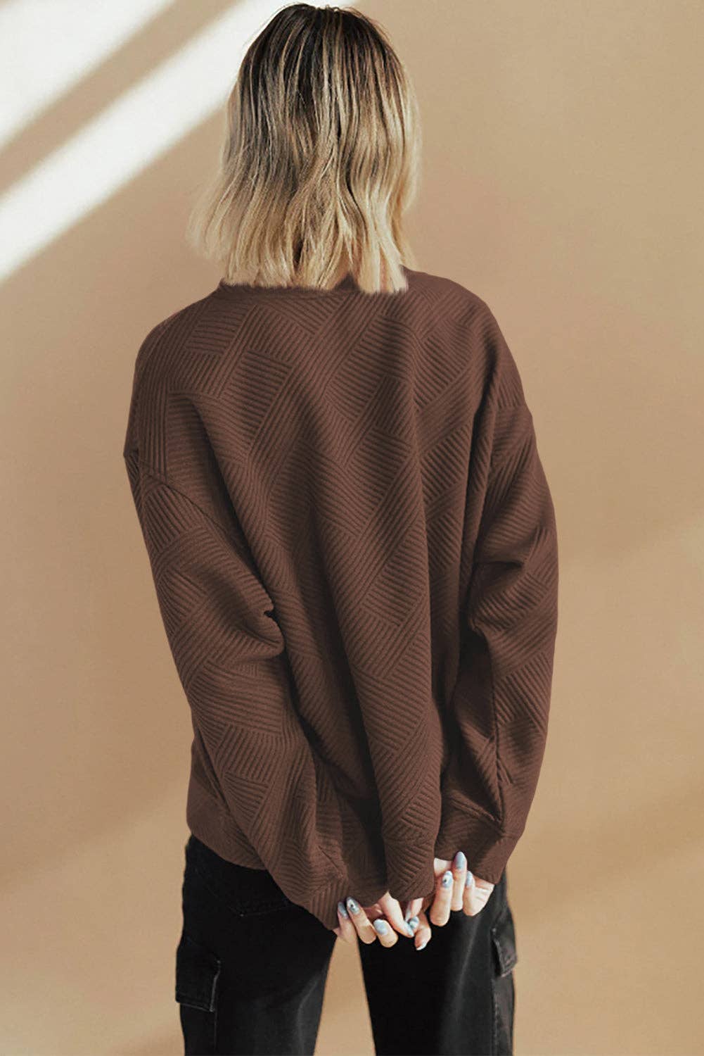 Textured Round Neck Drop Shoulder Pullover Sweatshirt - 97%Polyester+3%Elastane