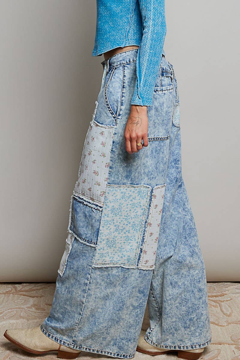 Patchwork Detail Denim Straight Fit Pants