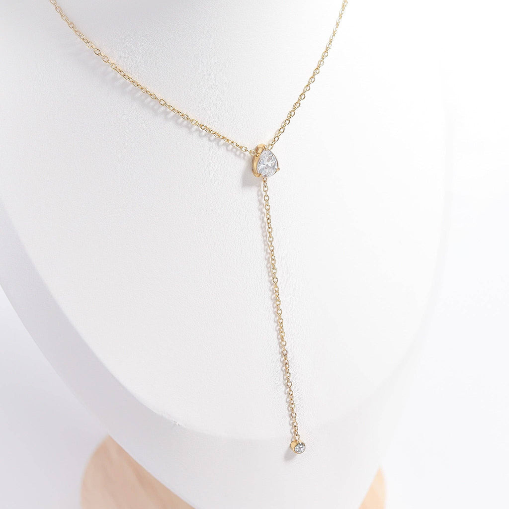 18K Gold PVD Stainless Steel Teardrop CZ Lariat Necklace: Stainless