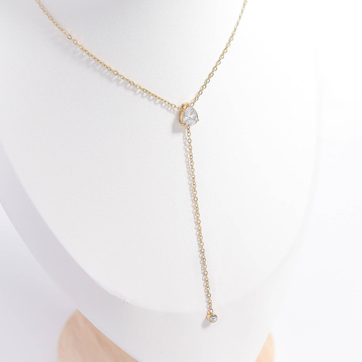 18K Gold PVD Stainless Steel Teardrop CZ Lariat Necklace: Stainless