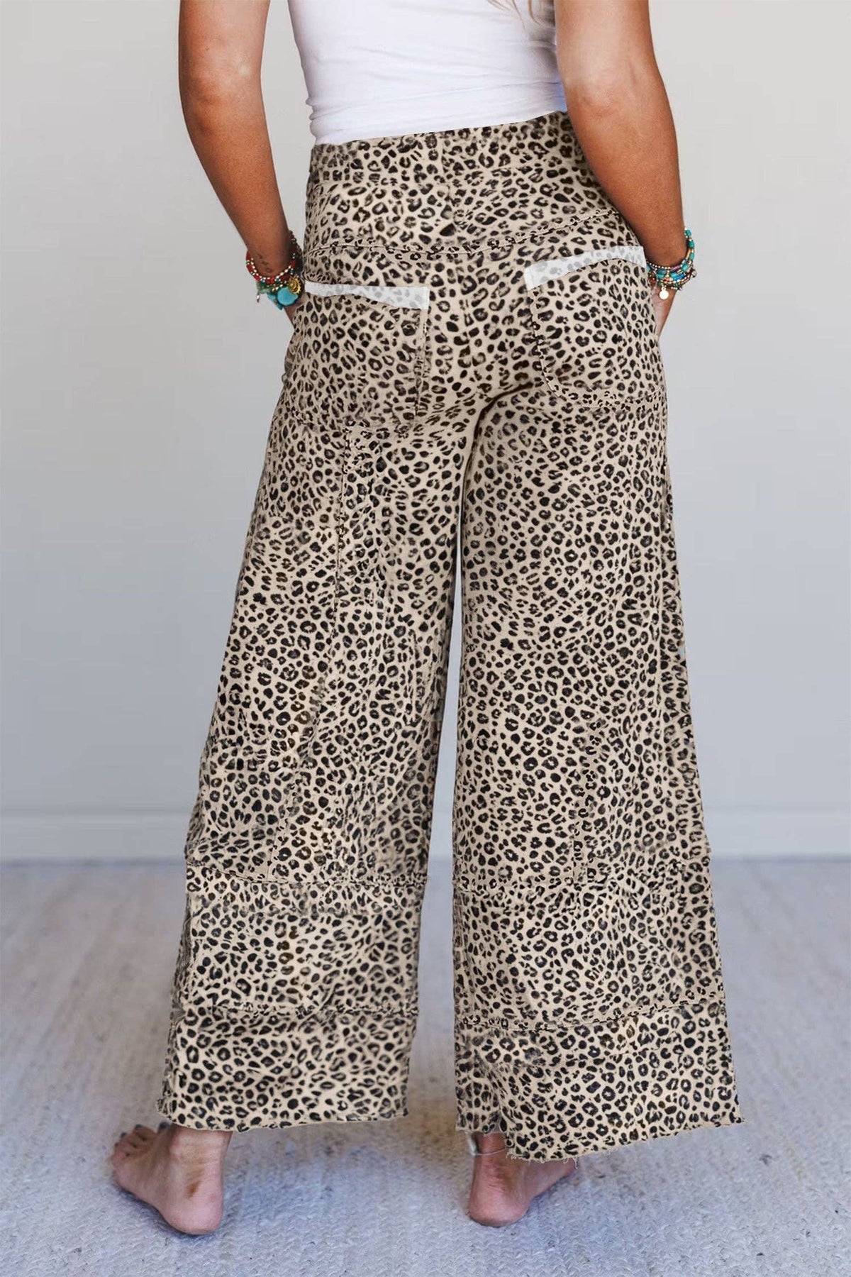 Animal Print Wide Leg Terry Knit Pants - 95% Polyester+5% Elastane