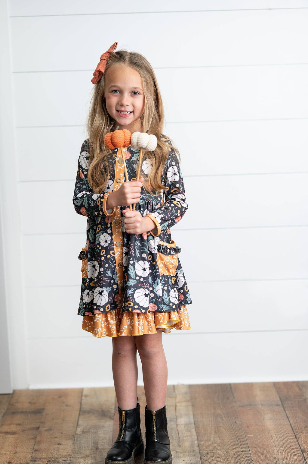 Girls Pumpkin Ruffle Pocket Button Tie Fall Dress