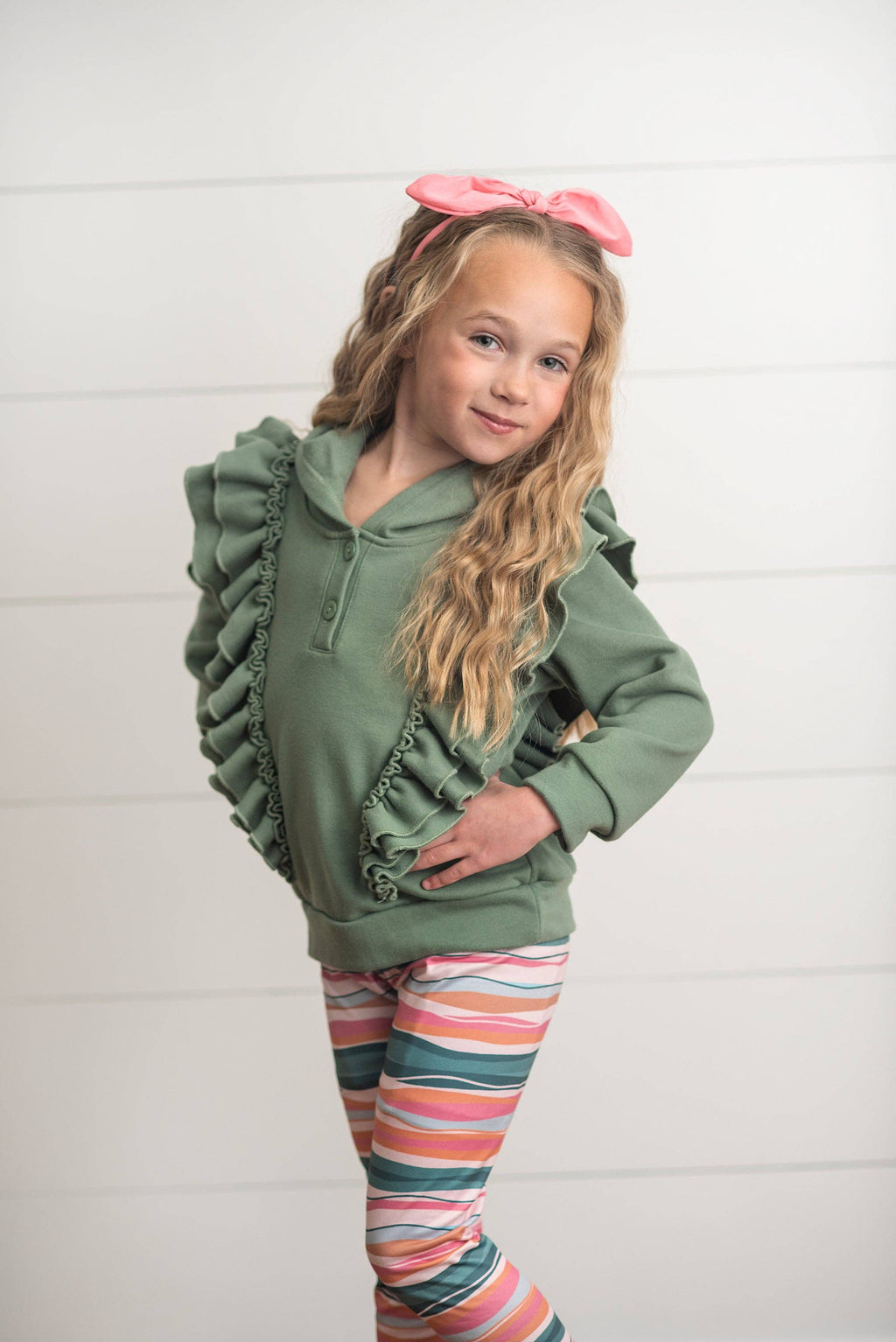 Kids Double Ruffle Button Hoodie & Stripe Leggings Set