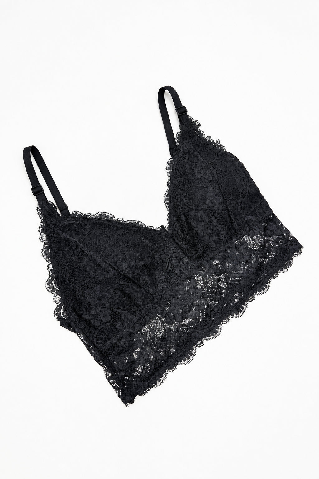 Black lace bra on a white background