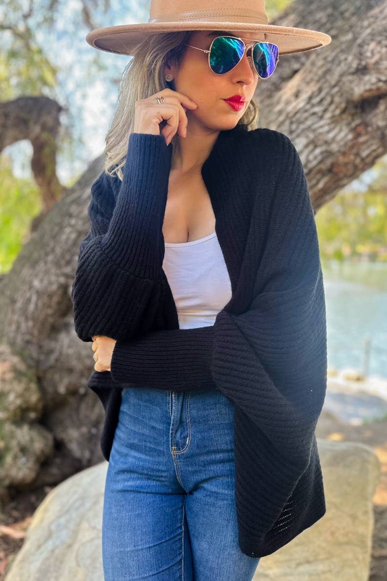 Black Soft Rib Knitted Shrug Cardigan: Black / One Size