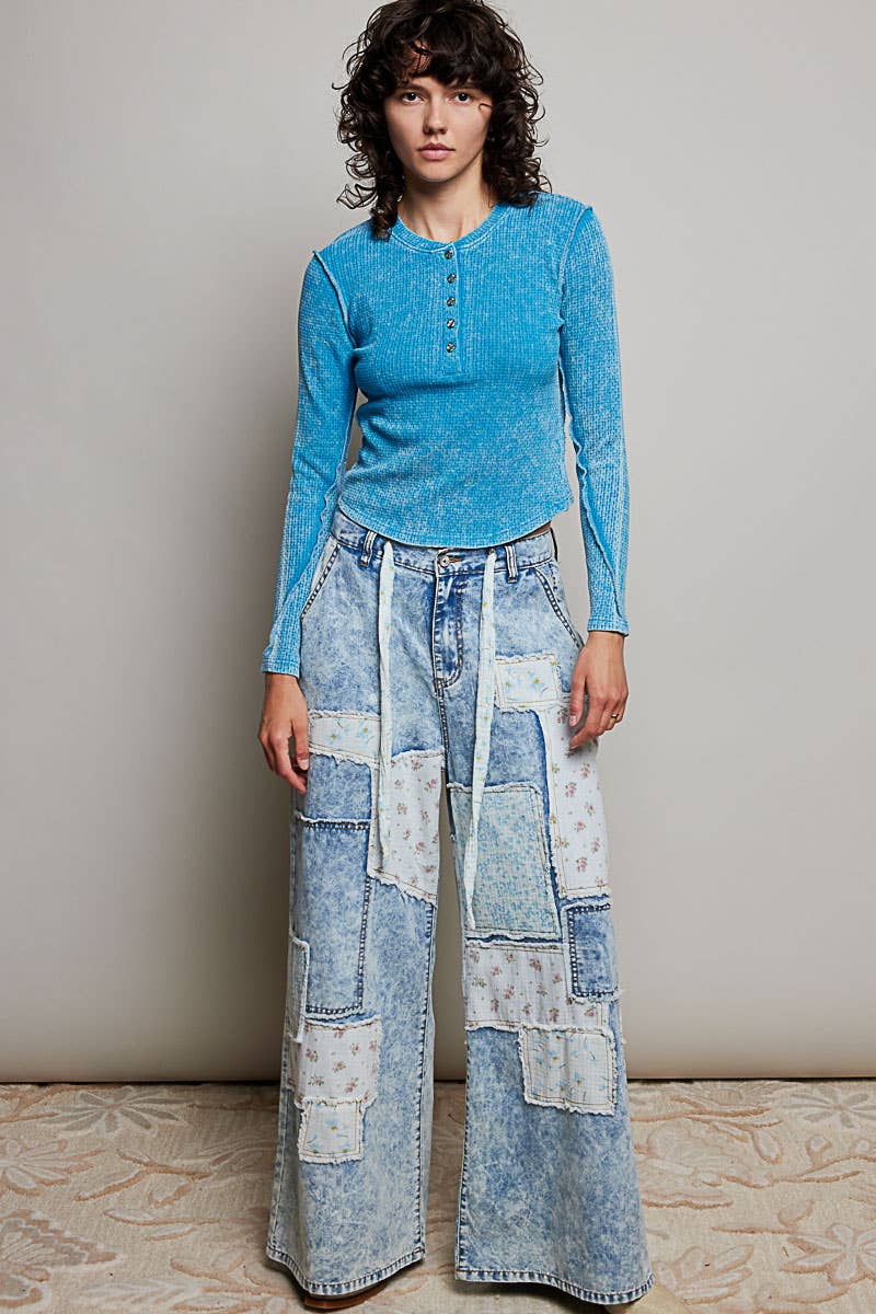 Patchwork Detail Denim Straight Fit Pants